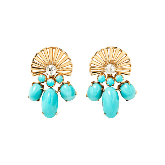 French 1940s 18KT Yellow Gold Turquoise & Diamond Earrings front