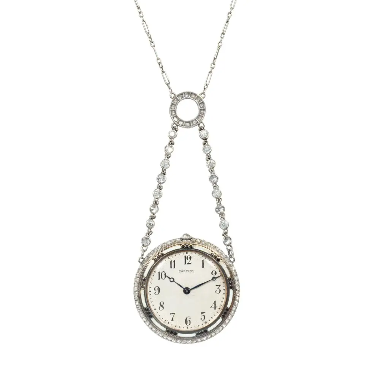 Cartier France Edwardian Platinum & 18KT Yellow Gold Enamel & Diamond Watch Necklace watch face