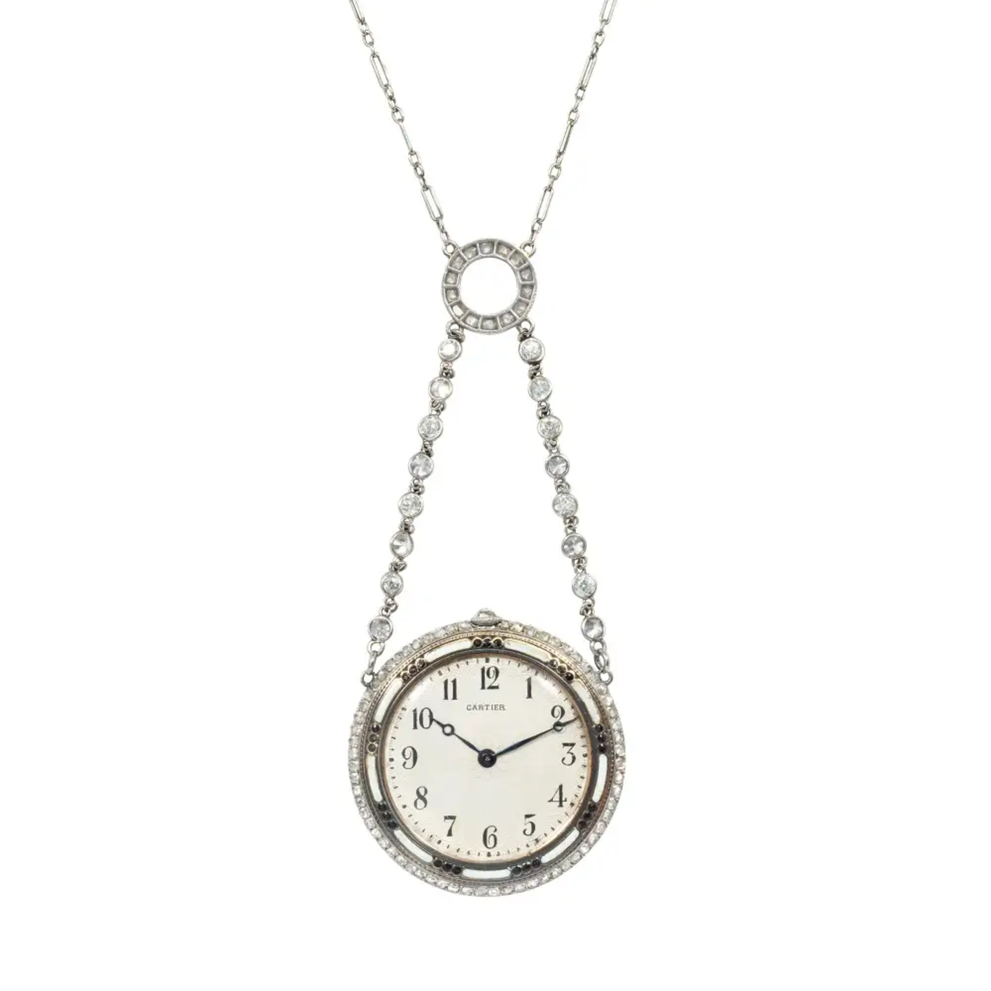 Cartier France Edwardian Platinum & 18KT Yellow Gold Enamel & Diamond Watch Necklace watch face