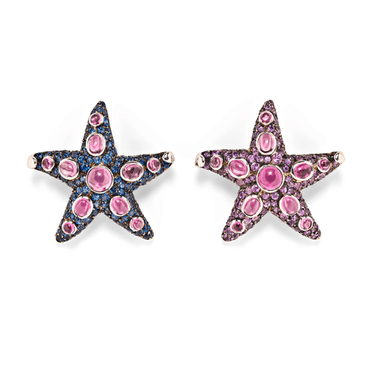 Rene Boivin Post-1980s 18KT White & Blackened Gold Tourmaline & Sapphire Starfish Brooches front