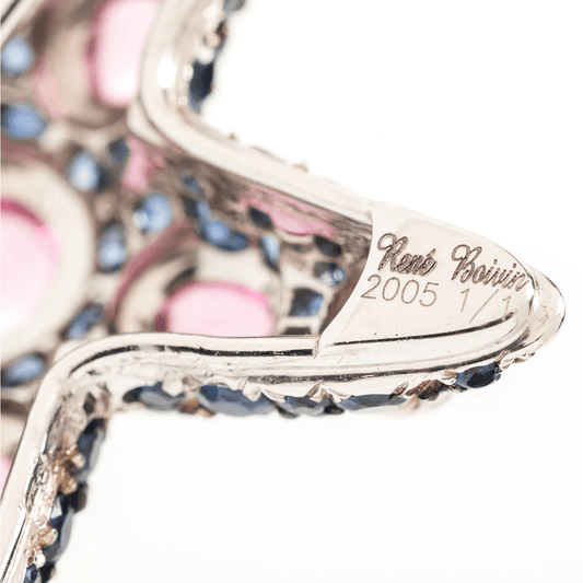 Rene Boivin Post-1980s 18KT White & Blackened Gold Tourmaline & Sapphire Starfish Brooches signature