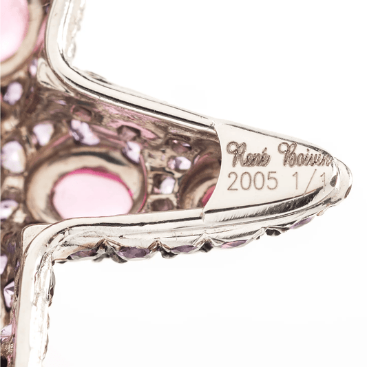 Rene Boivin Post-1980s 18KT White & Blackened Gold Tourmaline & Sapphire Starfish Brooches signature