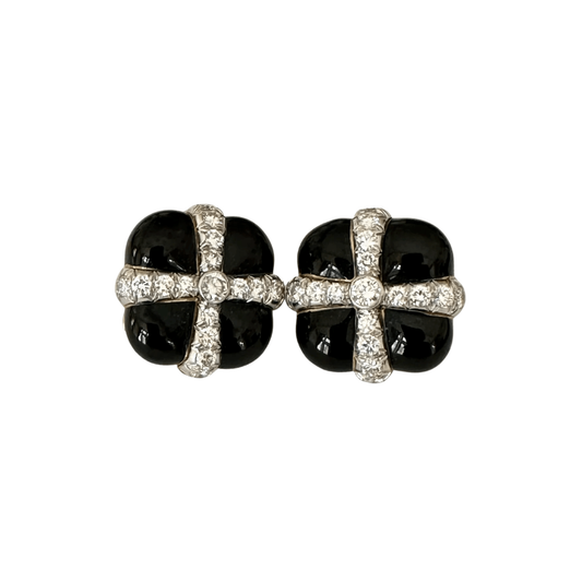 David Webb 1980s Platinum & 18KT Yellow Gold Enamel & Diamond Earrings front