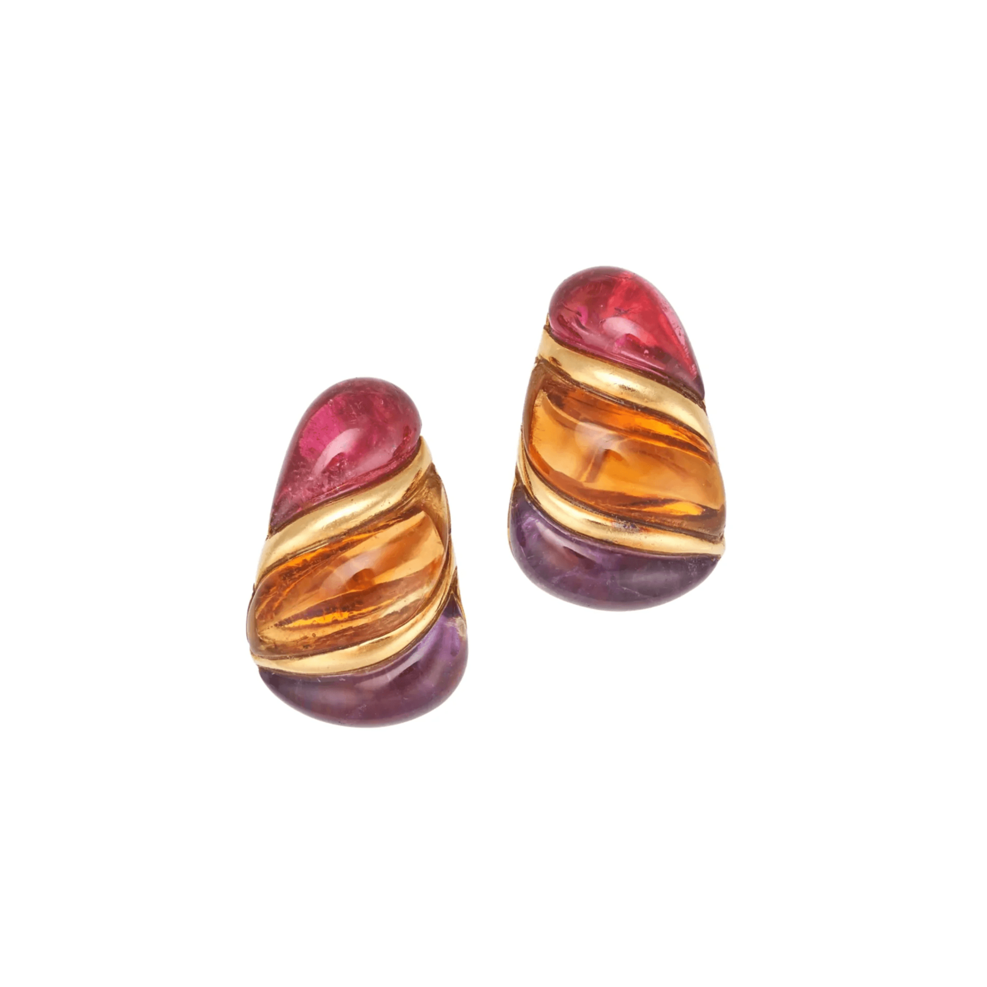 Bulgari Post-1980s 18KT Yellow Gold Tourmaline, Amethyst & Citrine Earrings front