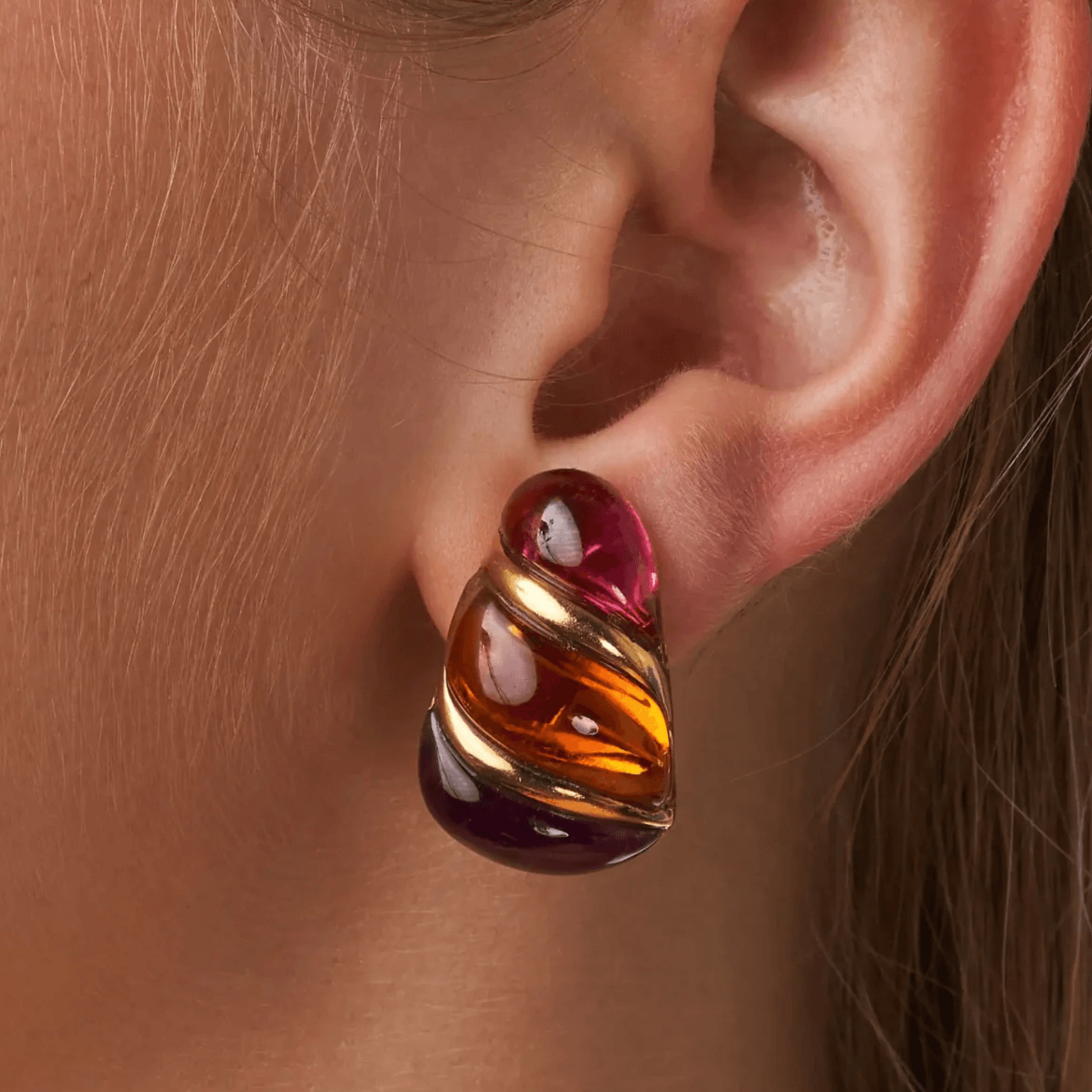 Bulgari Post-1980s 18KT Yellow Gold Tourmaline, Amethyst & Citrine Earrings on ear