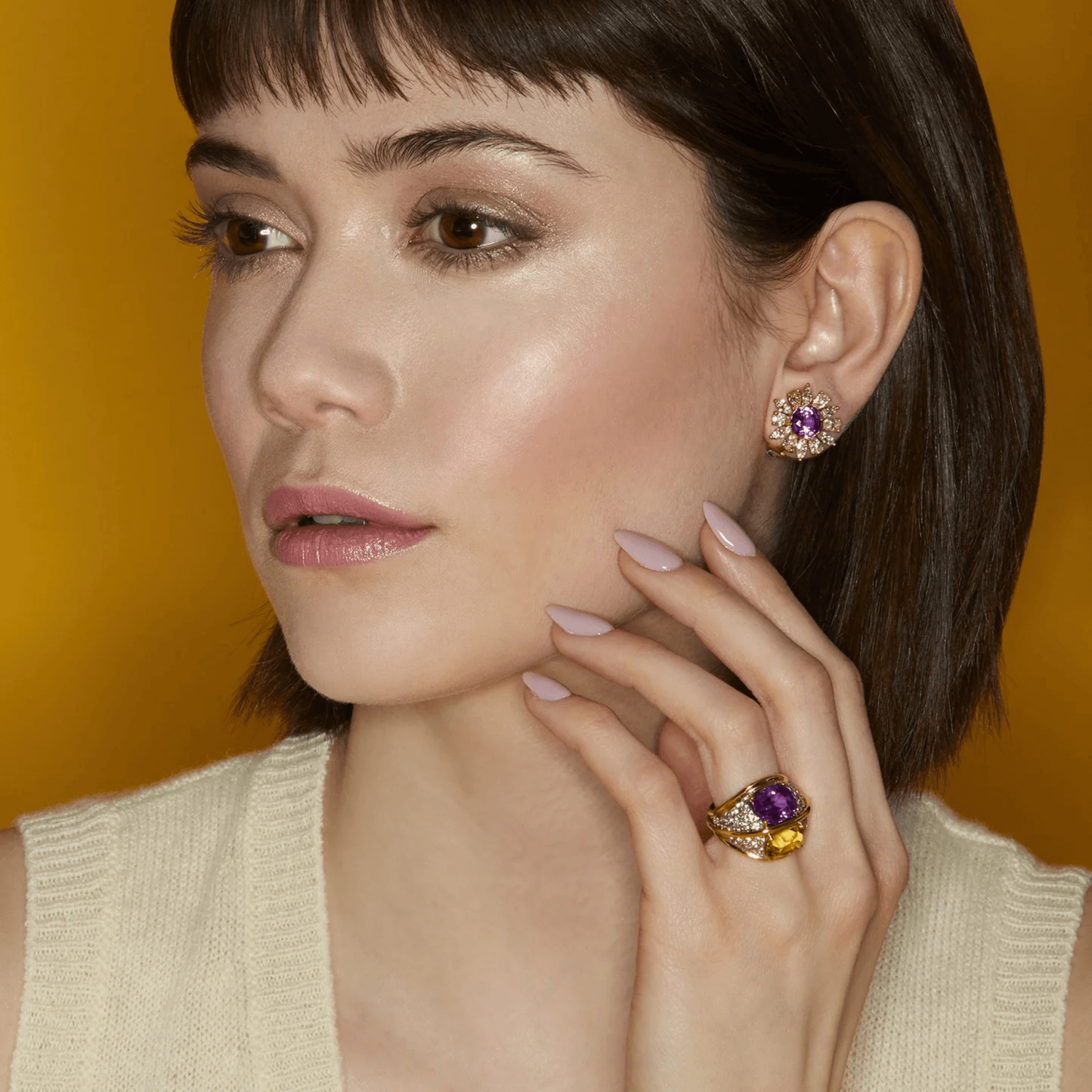 Post-1980s 18KT Yellow Gold Sapphire & Diamond Earrings on ear