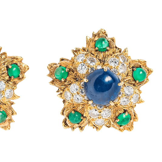 David Webb 1970s 18KT Yellow Gold Sapphire, Diamond & Emerald Earrings front