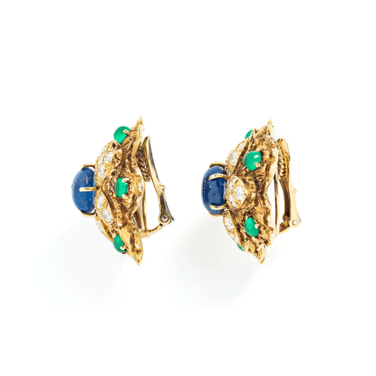 David Webb 1970s 18KT Yellow Gold Sapphire, Diamond & Emerald Earrings side