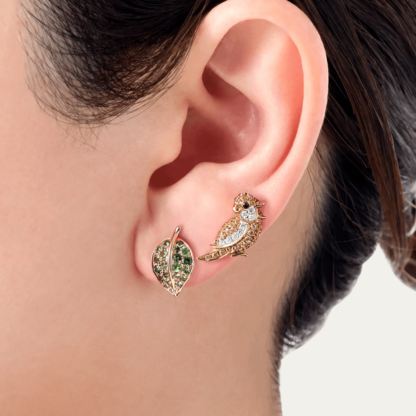 Mio Harutaka Japan Post-1980s 18KT Yellow Gold Diamond Bird Earrings on ear