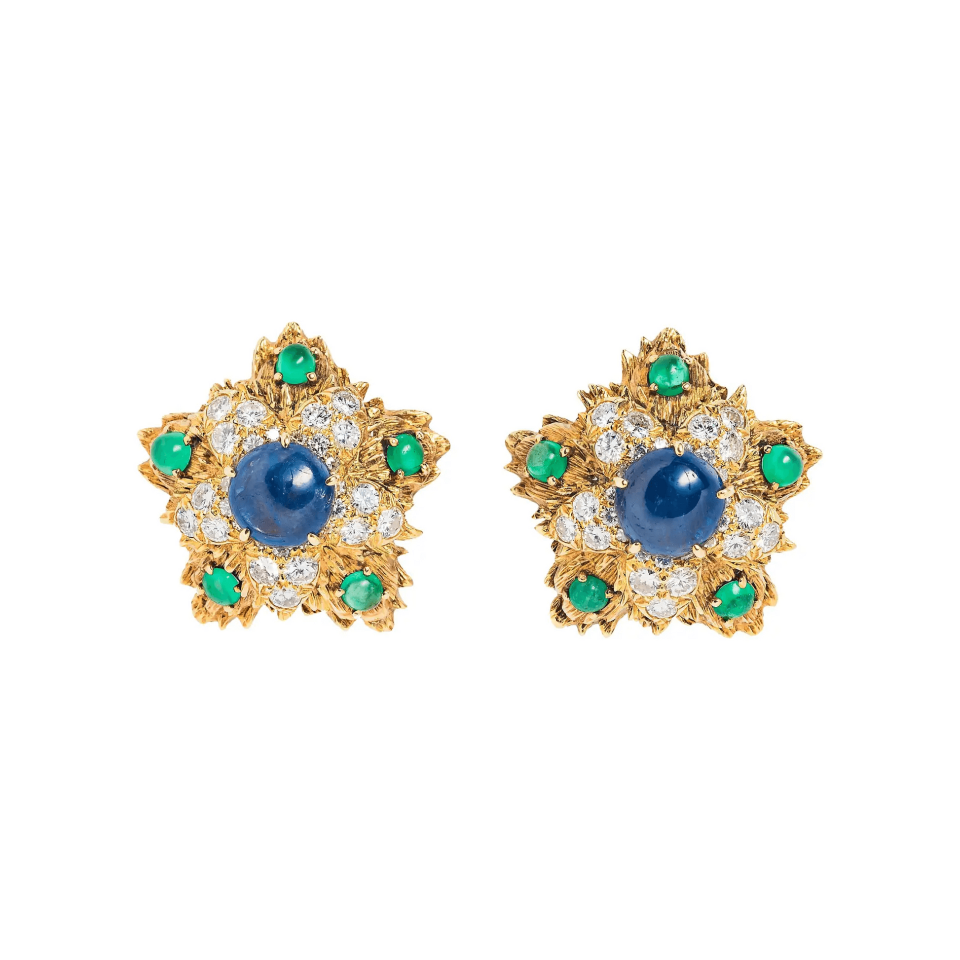 David Webb 1970s 18KT Yellow Gold Sapphire, Diamond & Emerald Earrings front