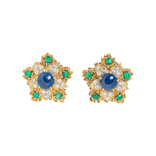 David Webb 1970s 18KT Yellow Gold Sapphire, Diamond & Emerald Earrings front