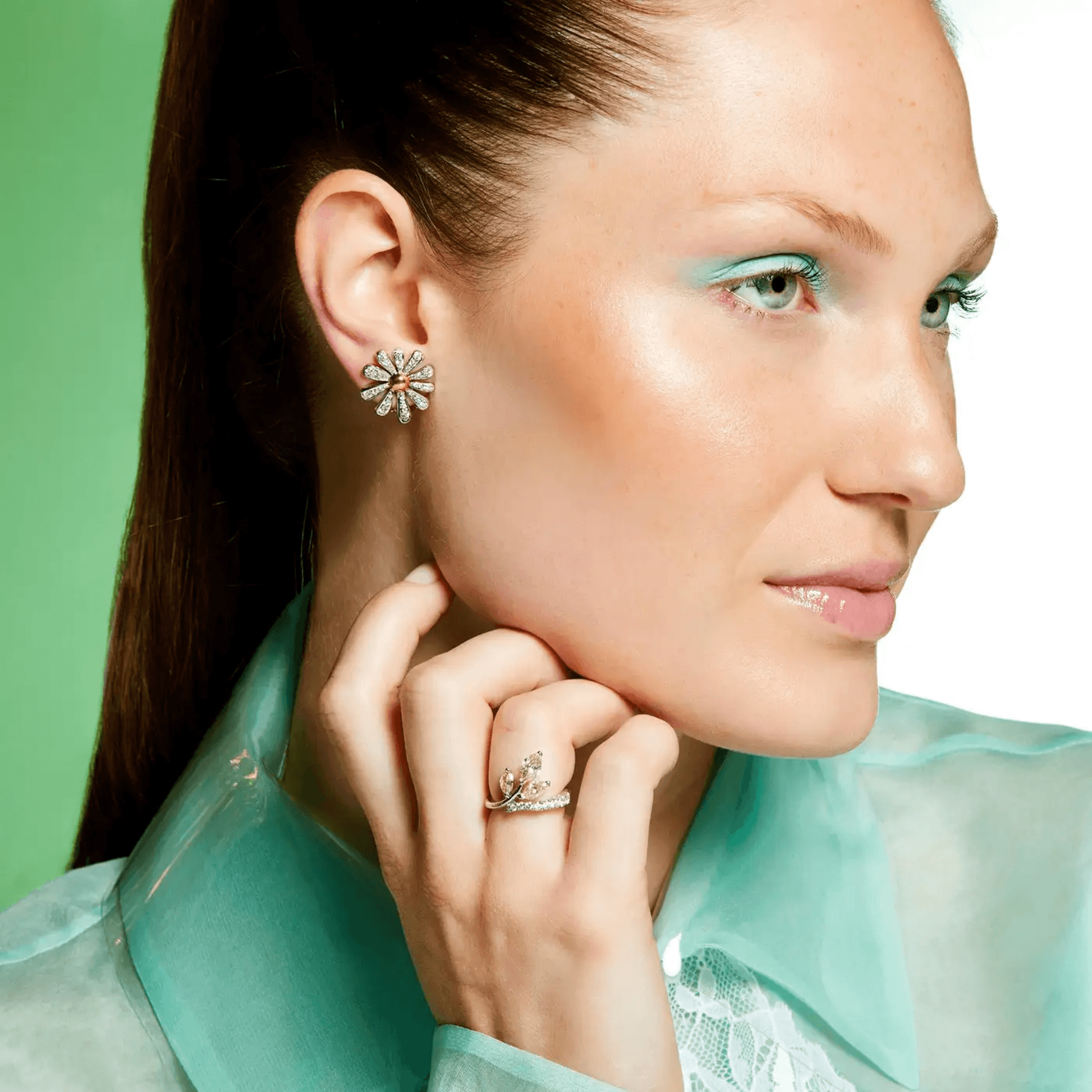 Angela Cummings Post-1980s Platinum & 18KT Yellow Gold Diamond Daisy Earrings on ear