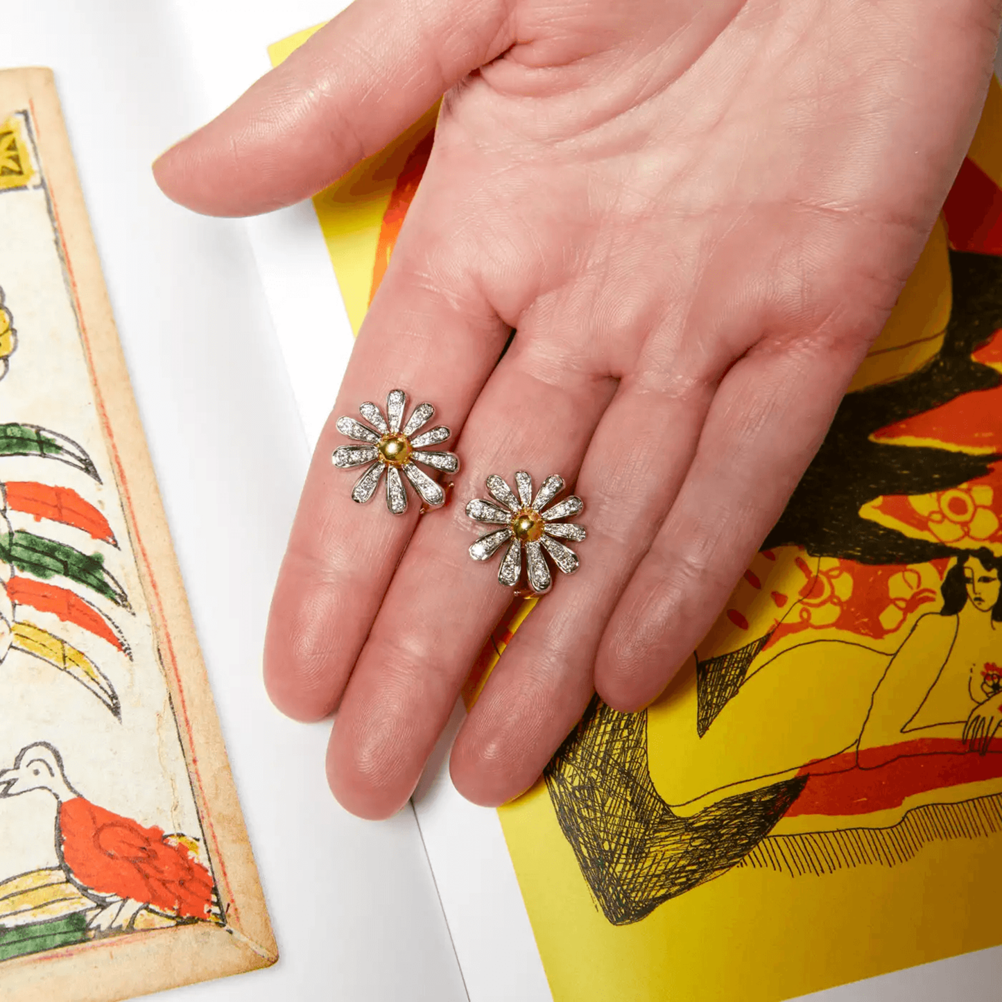 Angela Cummings Post-1980s Platinum & 18KT Yellow Gold Diamond Daisy Earrings front