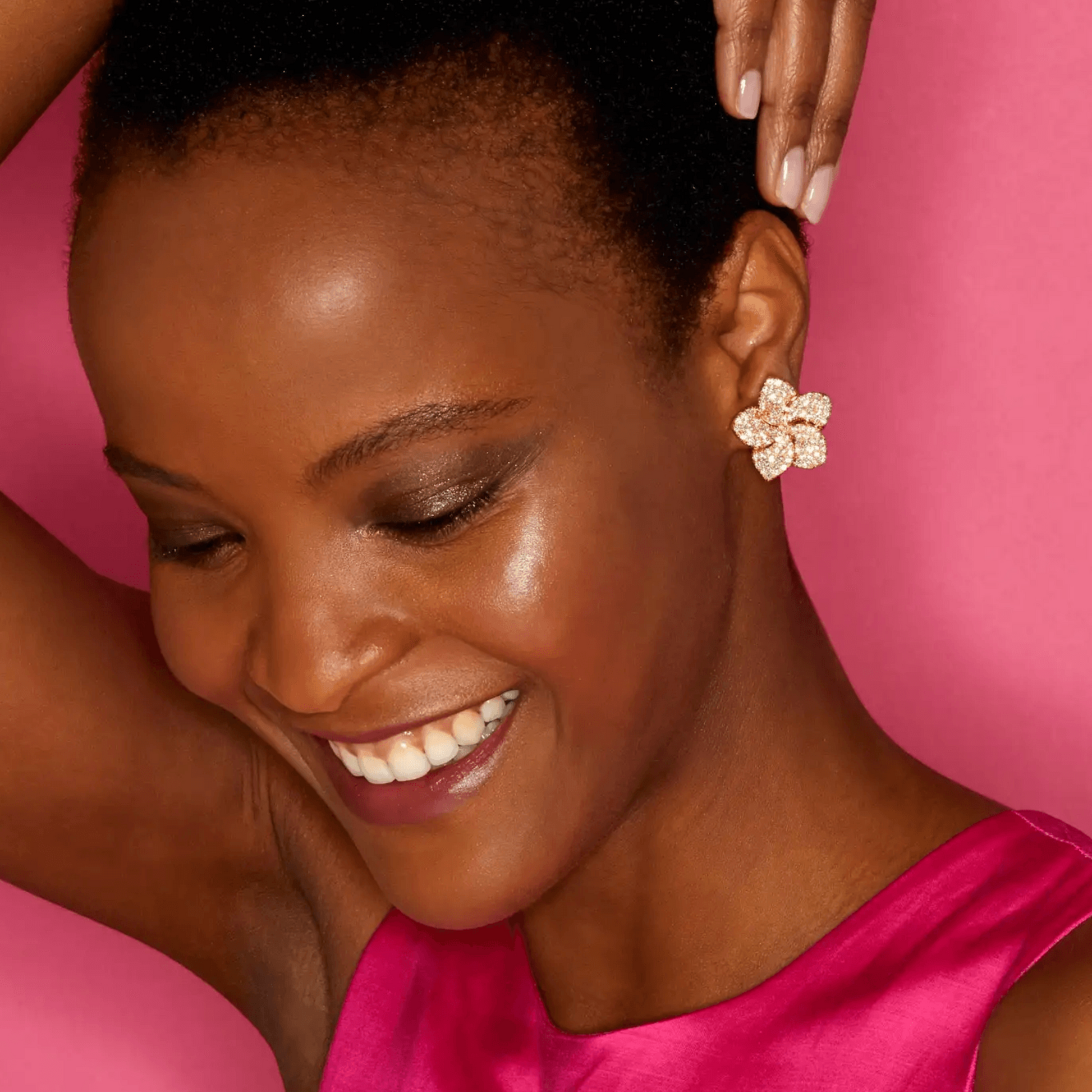 Fratelli Coppini Italy Post-1980s 18KT Rose Gold Diamond Magnolia Earrings on ear