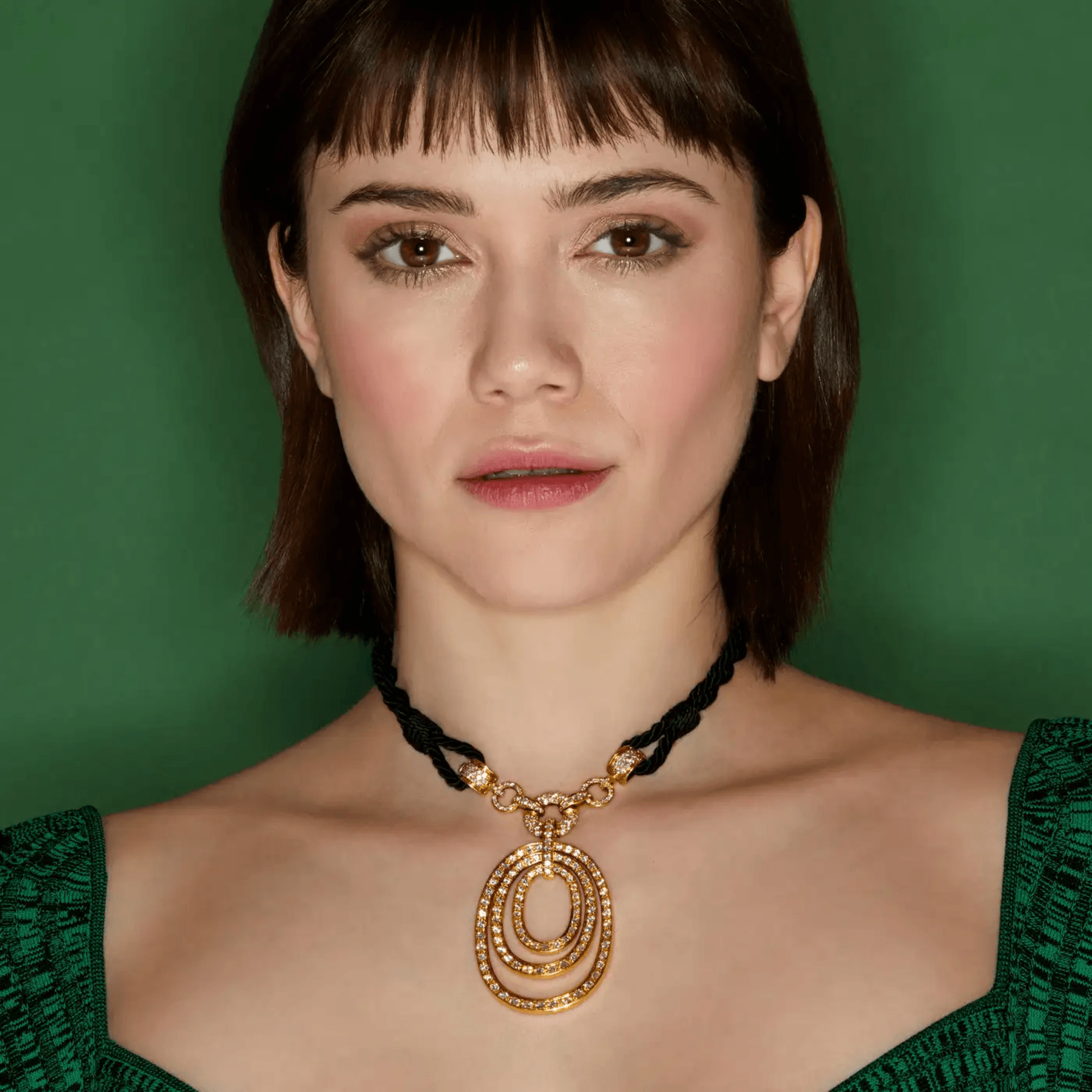 Bulgari Post-1980s 18KT Yellow Gold Diamond Necklace on neck