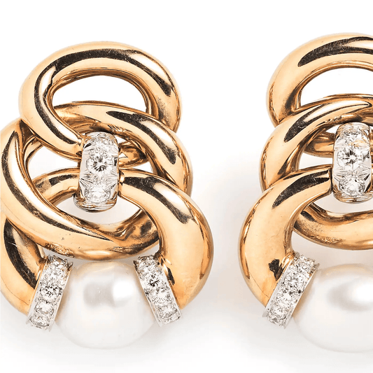 David Webb 1960s Platinum & 18KT Yellow Gold Diamond & Cultured Pearl Three Zero Earrings close-up details