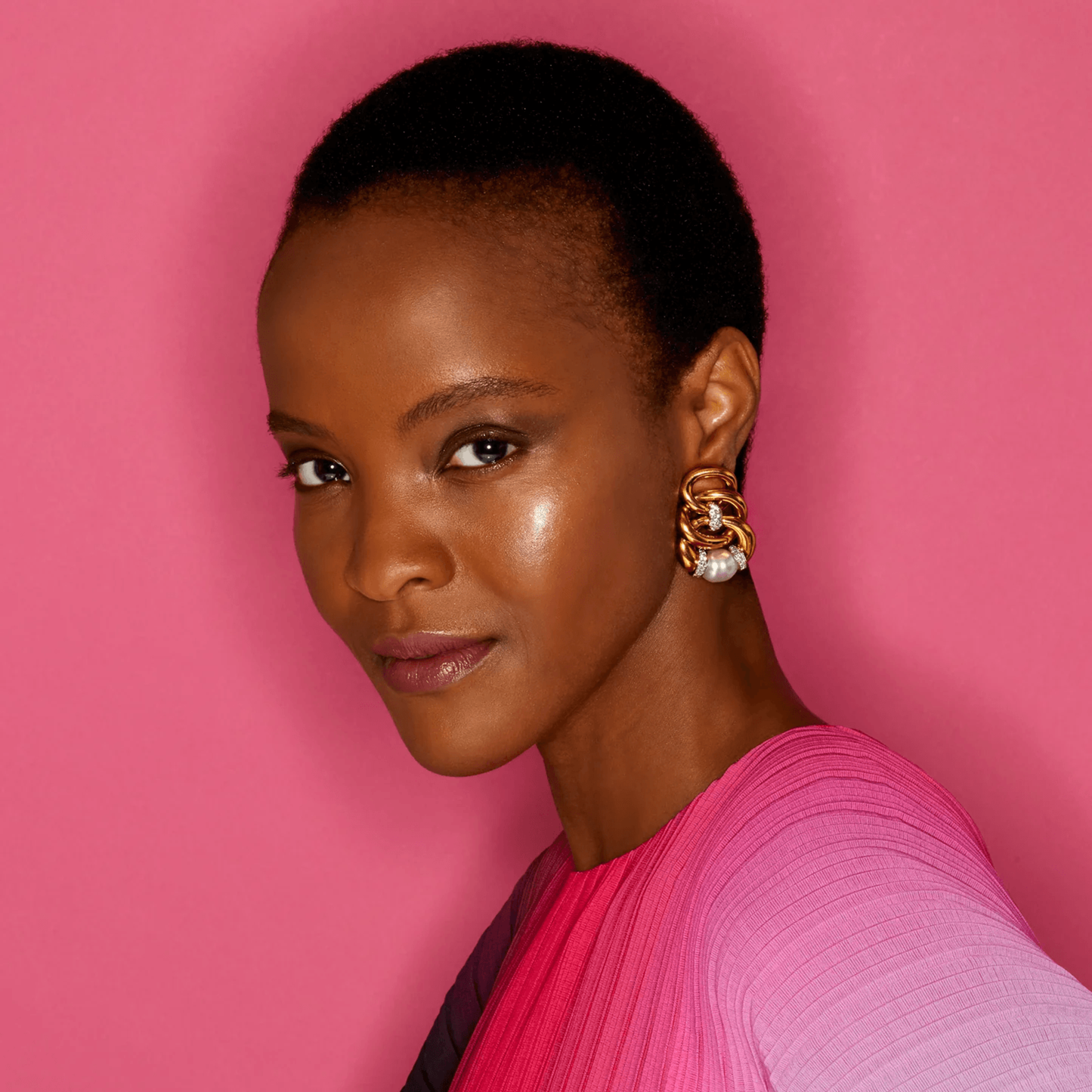 David Webb 1960s Platinum & 18KT Yellow Gold Diamond & Cultured Pearl Three Zero Earrings on ear