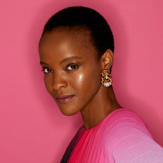 David Webb 1960s Platinum & 18KT Yellow Gold Diamond & Cultured Pearl Three Zero Earrings on ear