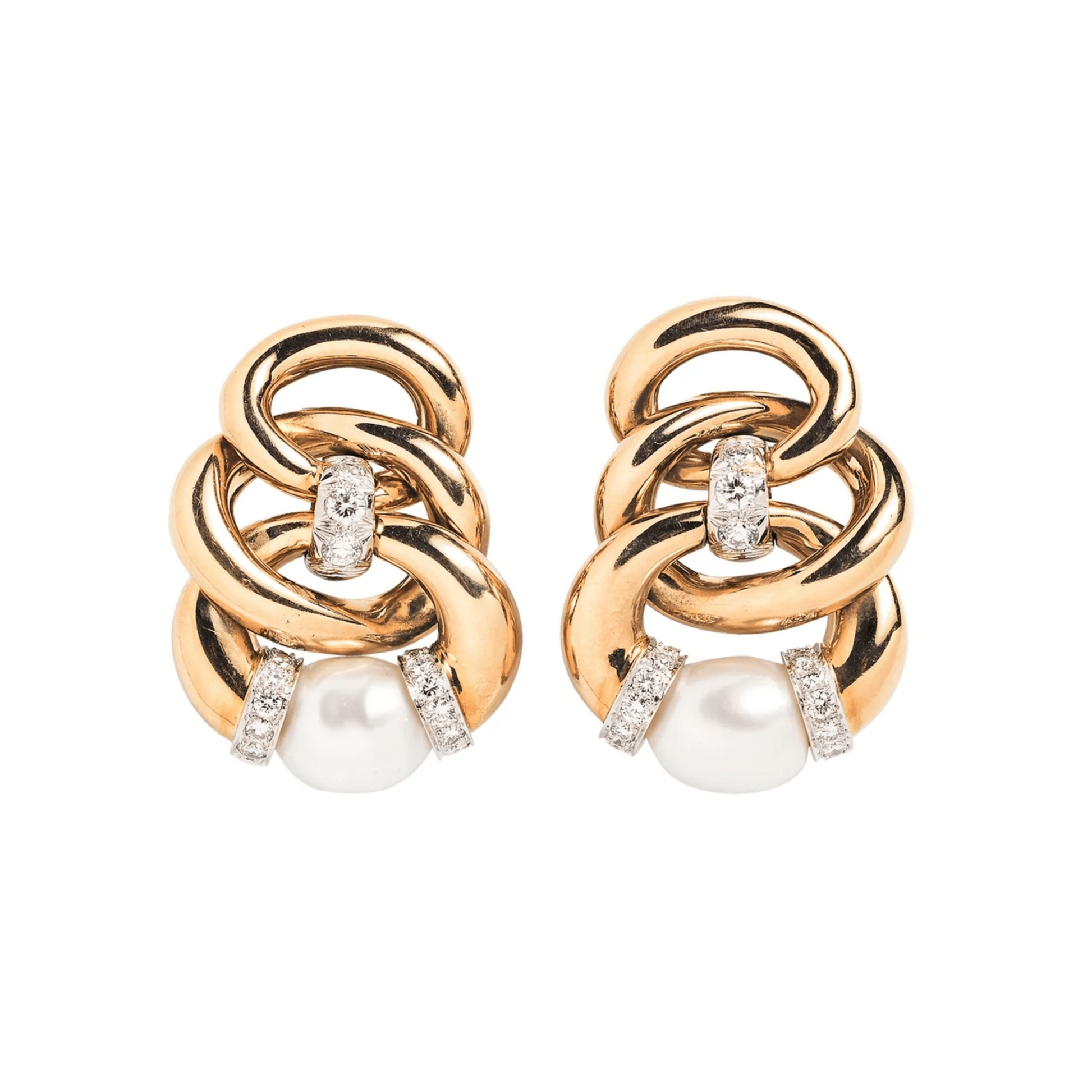 David Webb 1960s Platinum & 18KT Yellow Gold Diamond & Cultured Pearl Three Zero Earrings front