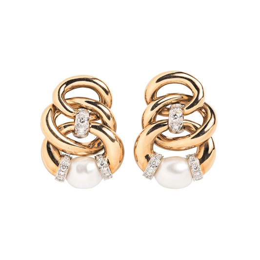 David Webb 1960s Platinum & 18KT Yellow Gold Diamond & Cultured Pearl Three Zero Earrings front