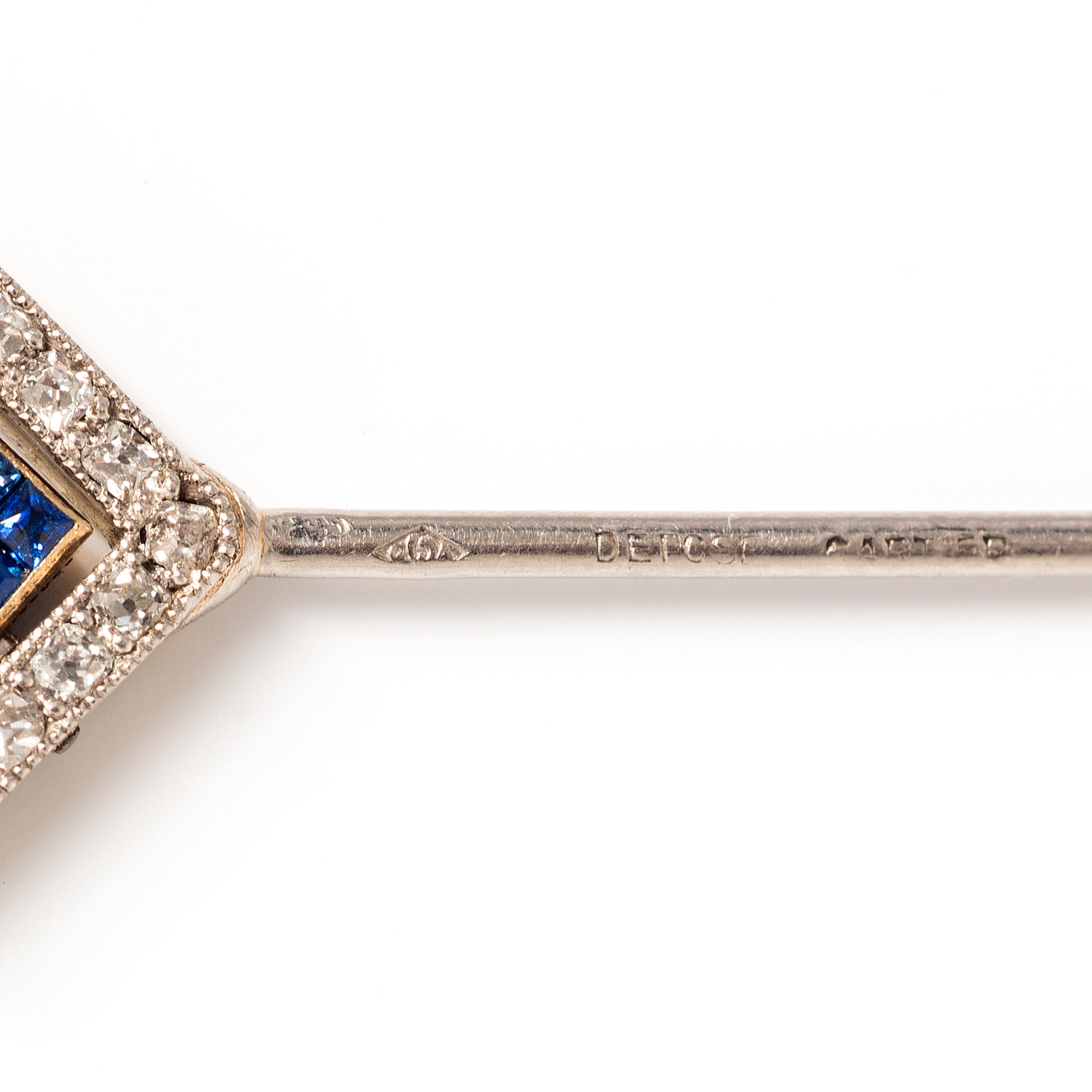 Cartier Art Deco Platinum & 18KT Yellow Gold Sapphire & Diamond Stickpin front signature
