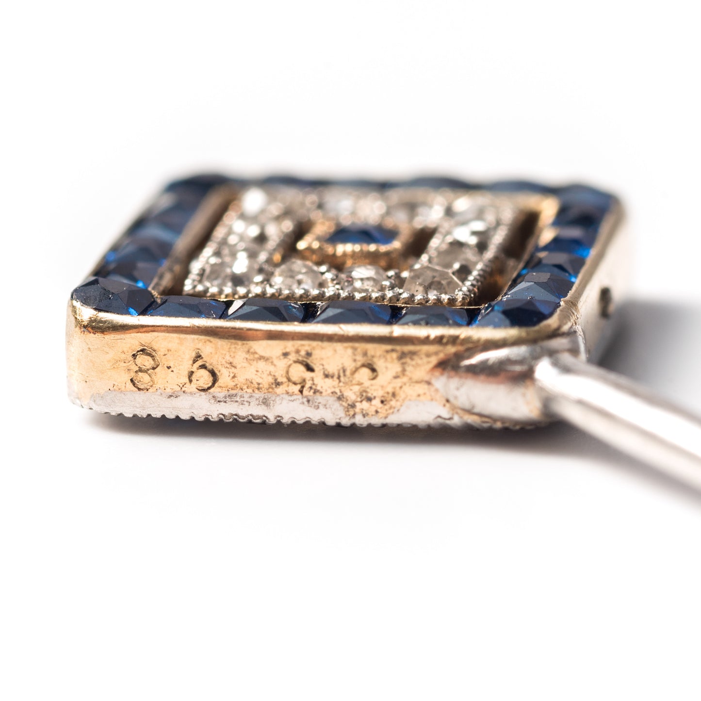 Cartier Art Deco Platinum & 18KT Yellow Gold Sapphire & Diamond Stickpin front close-up details