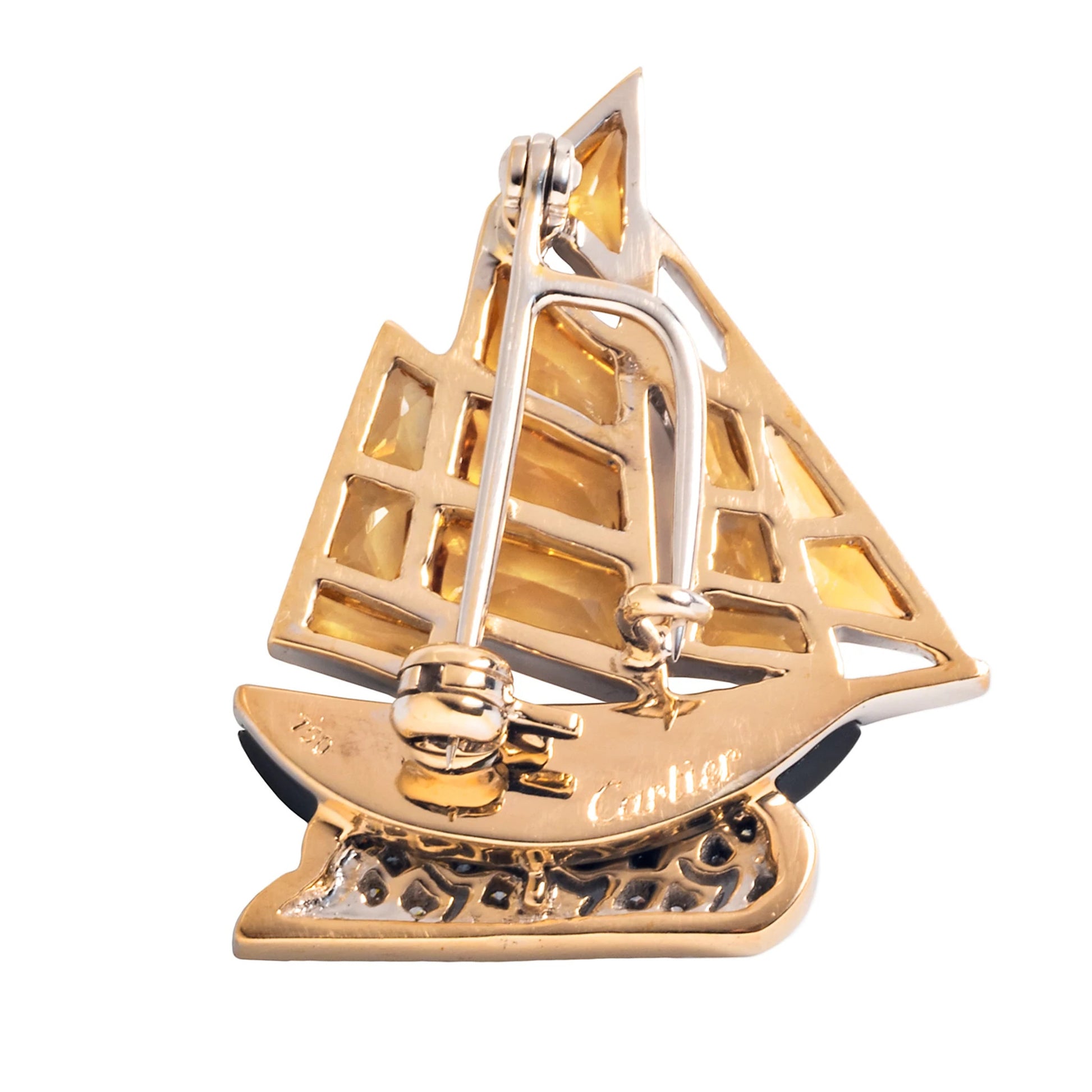 Cartier Post-1980s 18KT Yellow Gold Citrine, Diamond & Onyx Sailboat Brooch back