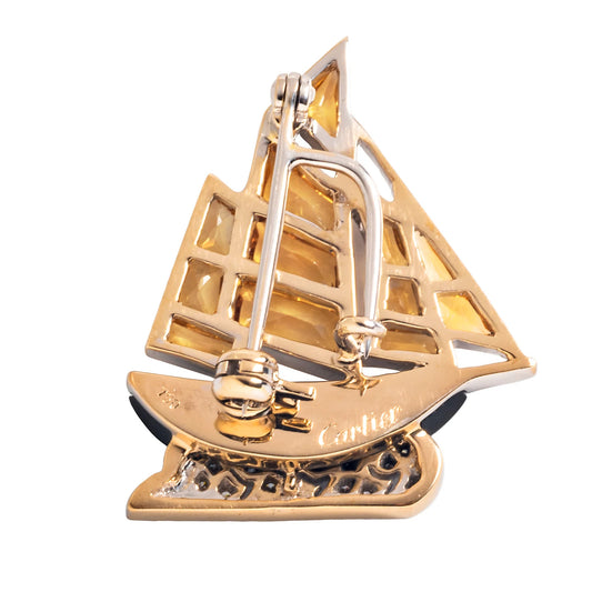 Cartier Post-1980s 18KT Yellow Gold Citrine, Diamond & Onyx Sailboat Brooch back
