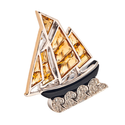 Cartier Post-1980s 18KT Yellow Gold Citrine, Diamond & Onyx Sailboat Brooch front