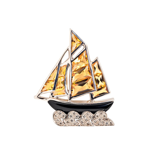Cartier Post-1980s 18KT Yellow Gold Citrine, Diamond & Onyx Sailboat Brooch front