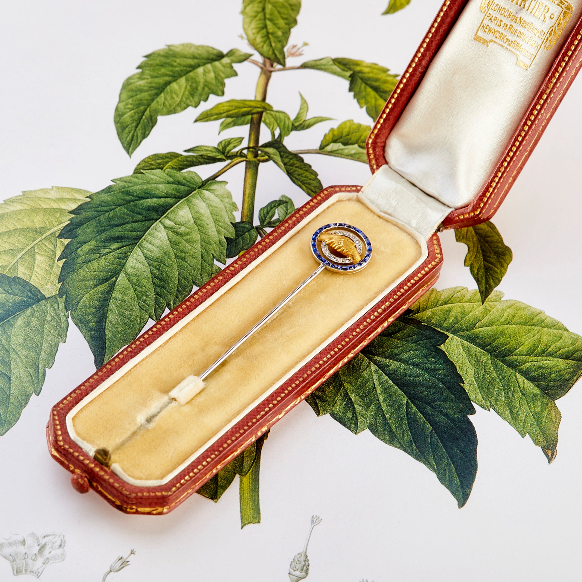 Cartier Paris Art Deco 18KT White Gold Sapphire & Diamond Stickpin with case