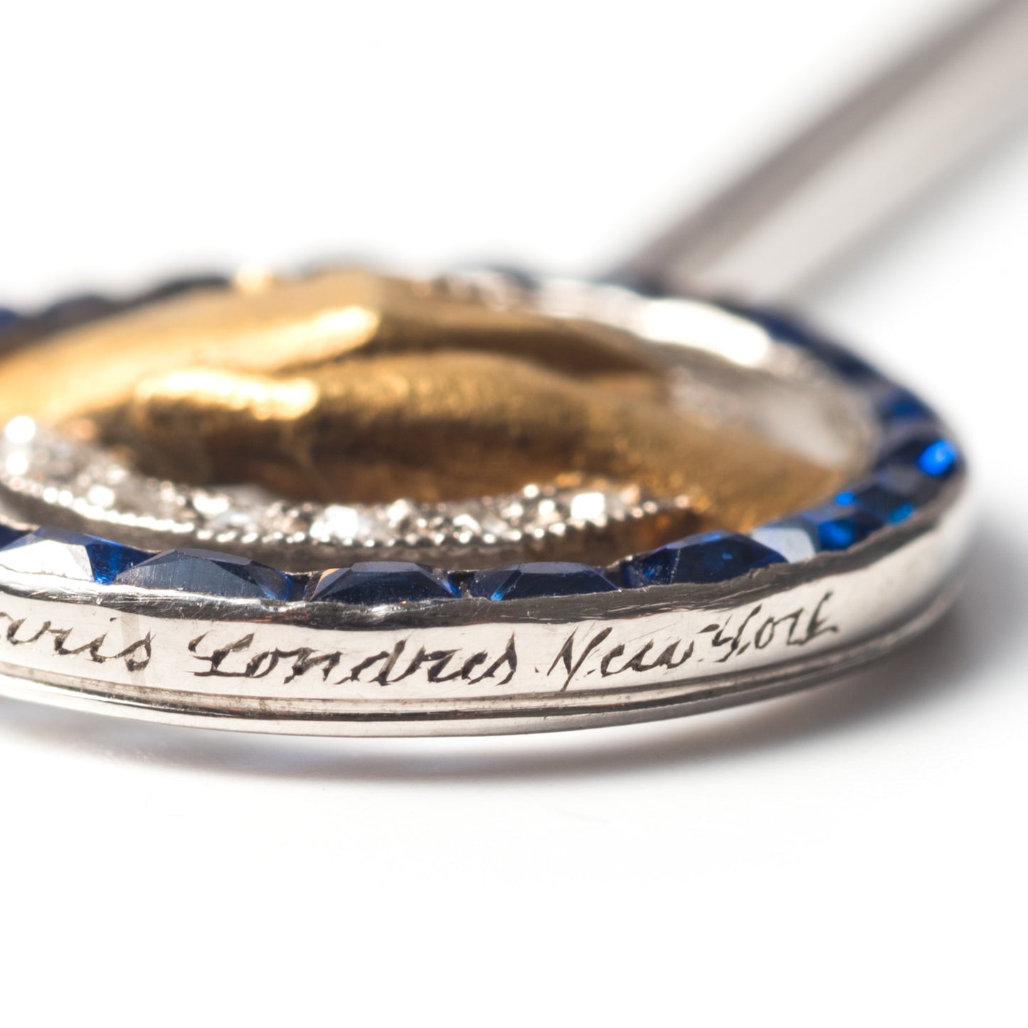 Cartier Paris Art Deco 18KT White Gold Sapphire & Diamond Stickpin signature