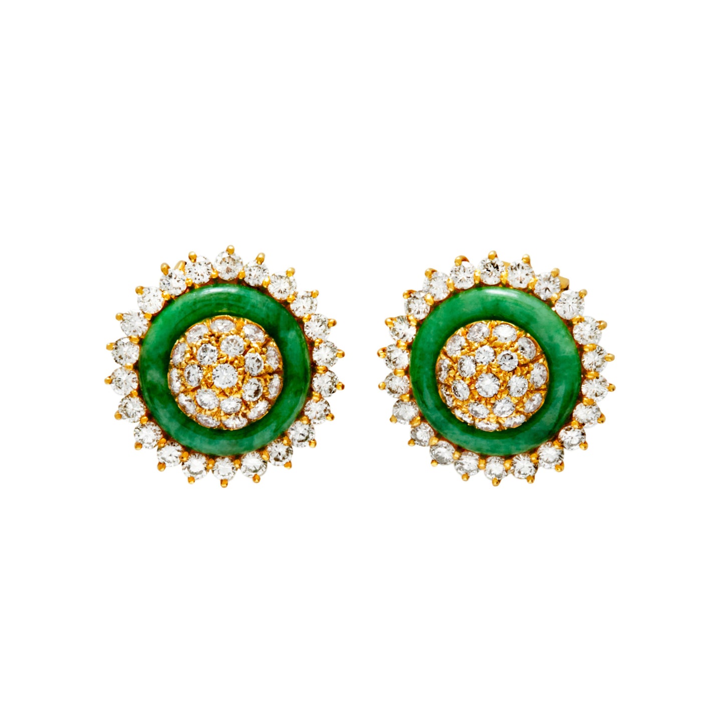 Post-1980s 18KT Yellow Gold Jadeite & Diamond Earrings front