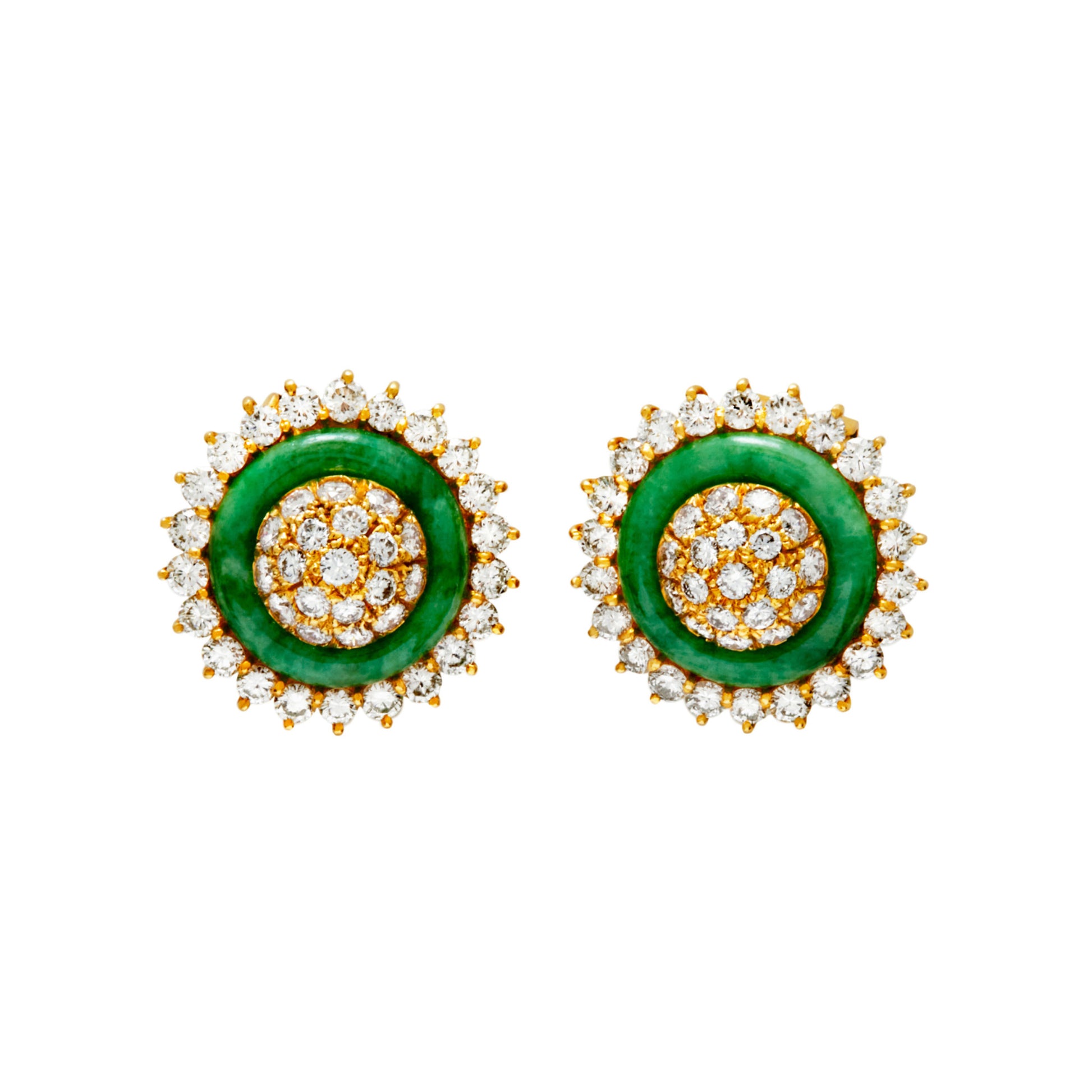 Post-1980s 18KT Yellow Gold Jadeite & Diamond Earrings front