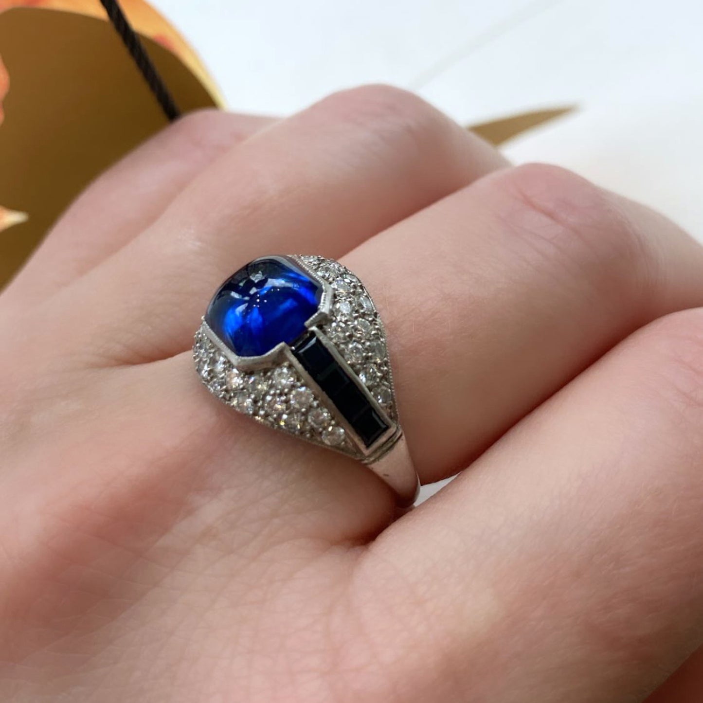 Art Deco Platinum Sapphire & Diamond Ring on finger