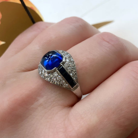 Art Deco Platinum Sapphire & Diamond Ring on finger