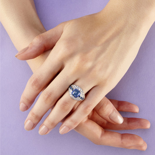 Art Deco Platinum Sapphire & Diamond Ring on finger
