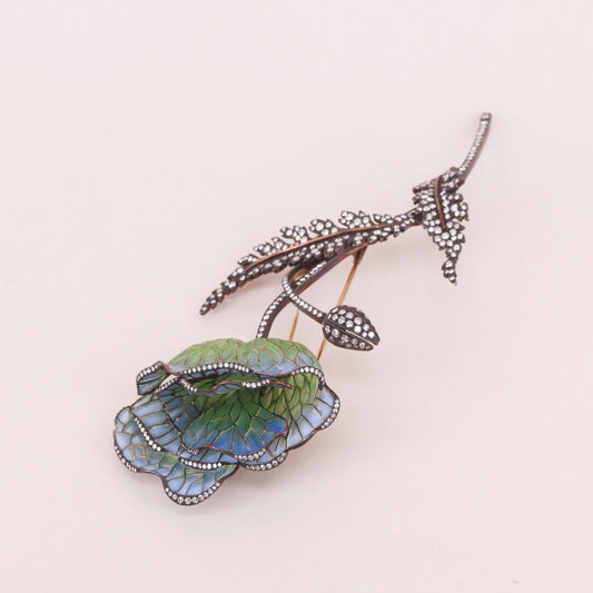 Contemporary 18KT White Gold Diamond Enamel Flower Brooch front