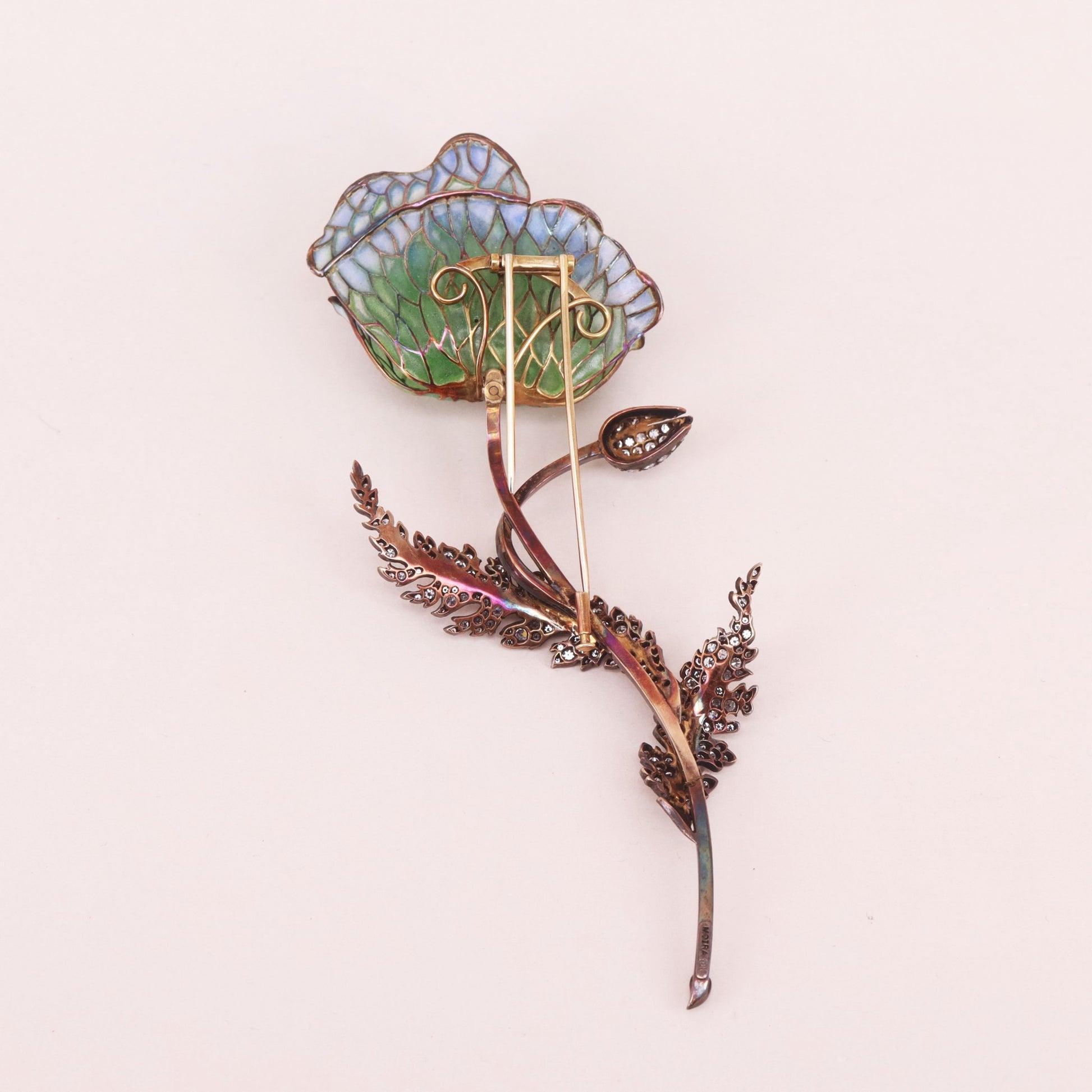 Contemporary 18KT White Gold Diamond Enamel Flower Brooch back