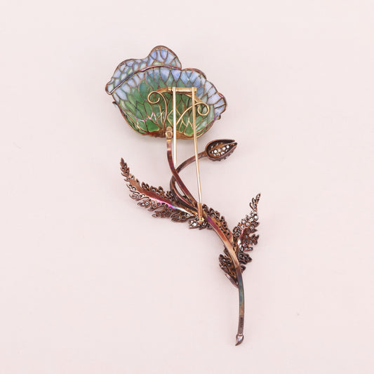 Contemporary 18KT White Gold Diamond Enamel Flower Brooch back
