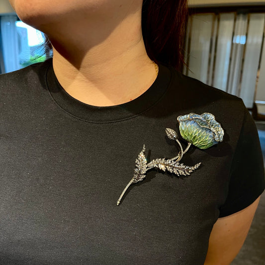 Contemporary 18KT White Gold Diamond Enamel Flower Brooch on blouse