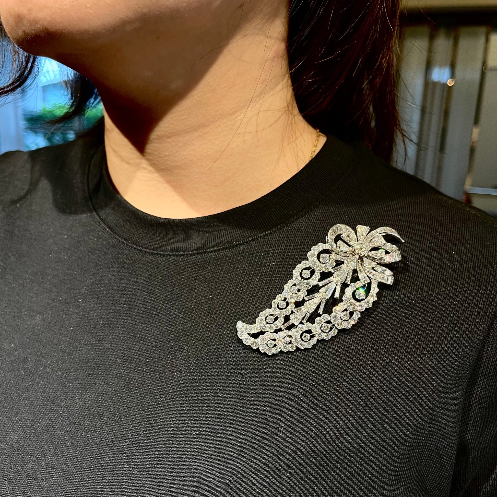 1960s 18KT White Gold Diamond Brooch on blouse