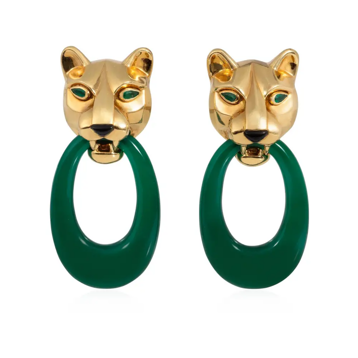 Cartier France 1980s 18KT Yellow Gold Onyx & Chrysoprase Interchangeable Panthere Earrings front
