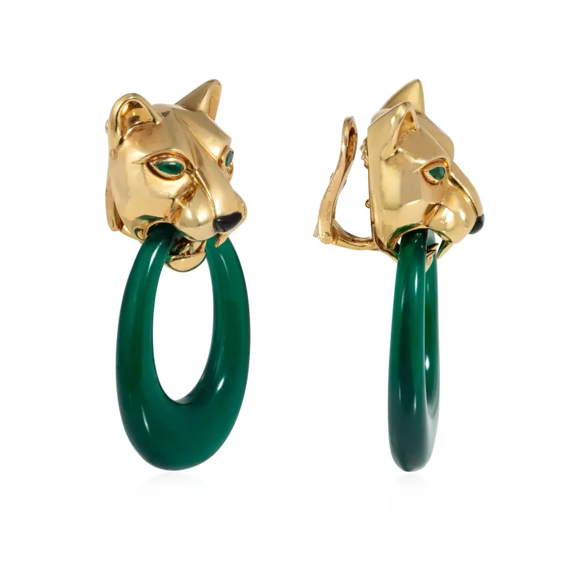 Cartier France 1980s 18KT Yellow Gold Onyx & Chrysoprase Interchangeable Panthere Earrings side