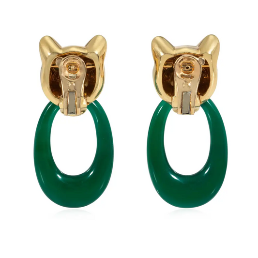 Cartier France 1980s 18KT Yellow Gold Onyx & Chrysoprase Interchangeable Panthere Earrings back