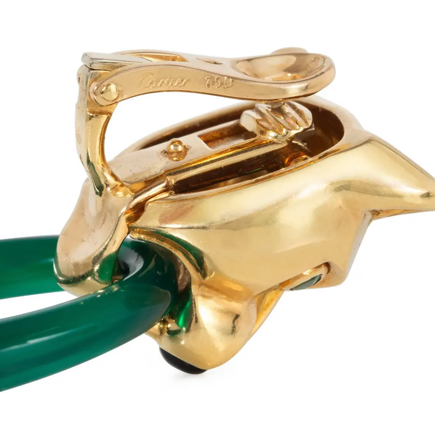 Cartier France 1980s 18KT Yellow Gold Onyx & Chrysoprase Interchangeable Panthere Earrings signature