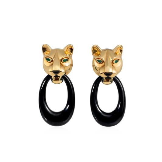 Cartier France 1980s 18KT Yellow Gold Onyx & Chrysoprase Interchangeable Panthere Earrings front