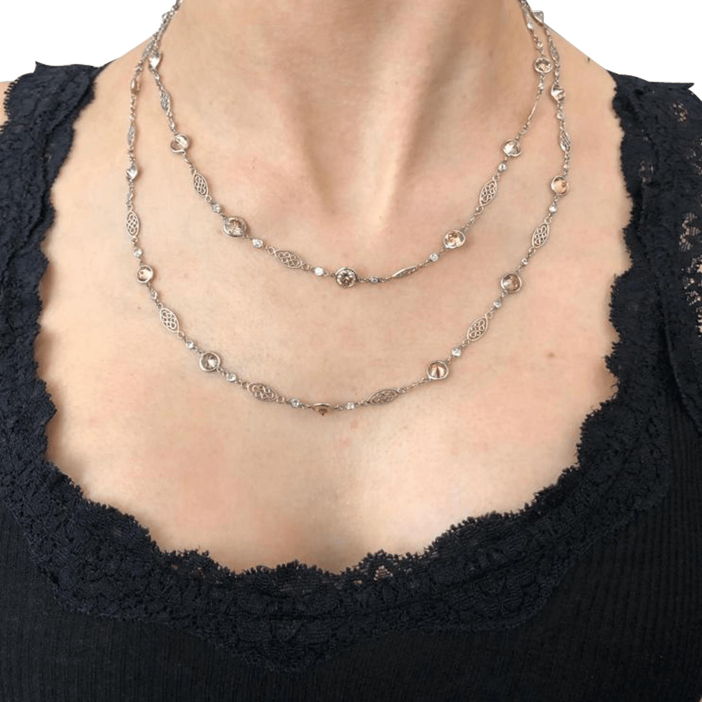 Contemporary Platinum Diamond Necklace on neck