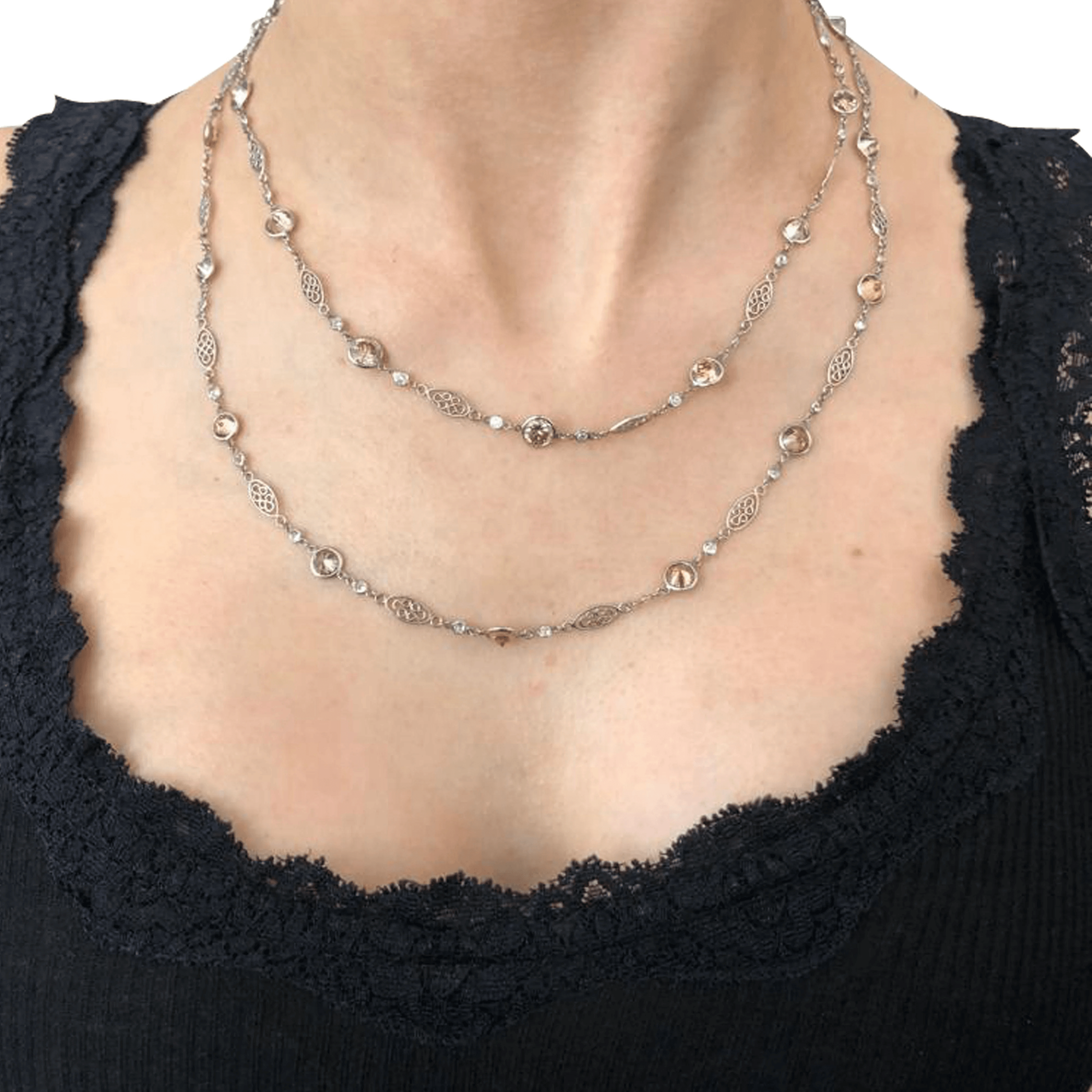 Contemporary Platinum Diamond Necklace on neck