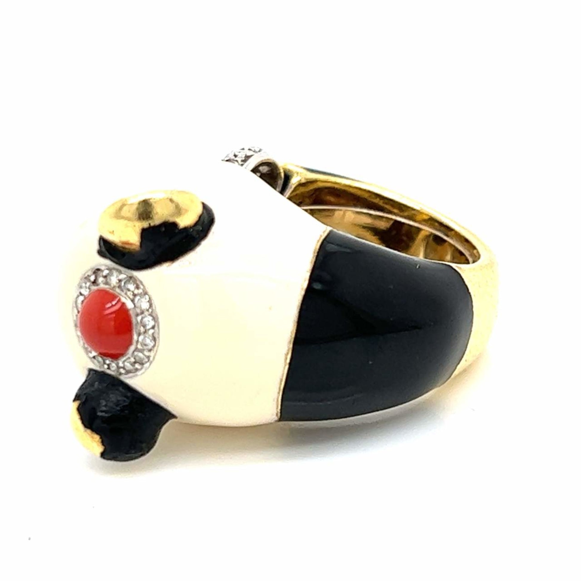 David Webb 1970s Platinum & 18KT Yellow Gold Diamond & Enamel Panda Ring back
